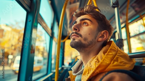 A young man with a beard and brown hair is sitting on a bus, looking out the window and thinking about something. photo