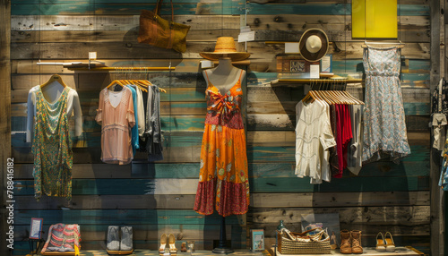 A clothing store with a blue wall and a variety of clothes on display by AI generated image