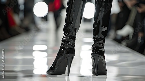 High fashion glossy black boots on a white runway