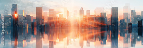 A futuristic cityscape with skyscrapers and buildings reflecting the sunlight  representing innovation in urban development and business. business  building at sunset