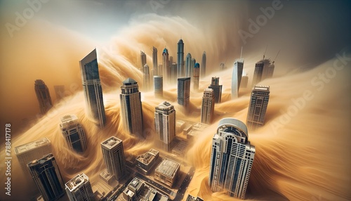 Skyscrapers rise above swirling sands in an intense environmental depiction of a sandstorm. photo