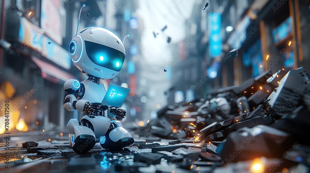 Craft a pen and ink illustration of a futuristic robot among ruins in a ...