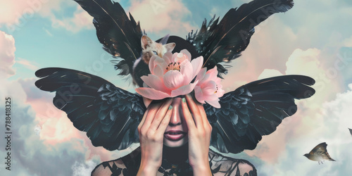 Surreal Woman with Bird Wings and Floral Mask in Dreamy Sky photo