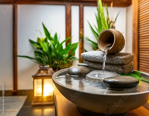 close view of a zen water fountian inside a modern house