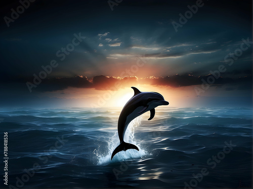 Captivating image of a dolphin leaping energetically from the ocean waves with a dramatic sunset in the background