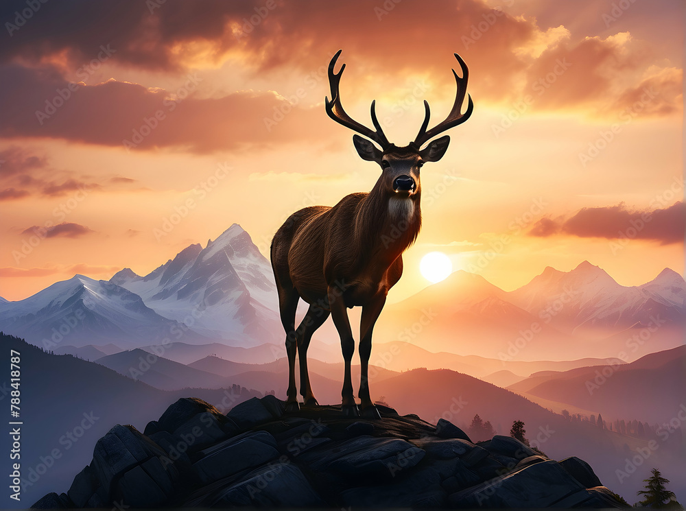 Fototapeta premium This composition features a proud deer atop a rock formation, with a breathtaking sunset over snow-capped mountains in the background
