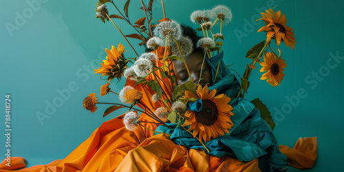 Vibrant Floral Arrangement With Covered Model on Teal Background