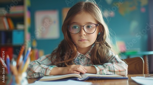 A girl with glasses is sitting at a desk in a classroom. She is looking at the camera with a thoughtful expression on her face. photo