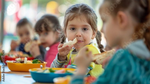 Little girl eating a piece of bread while sitting at a table with other children in the background photo
