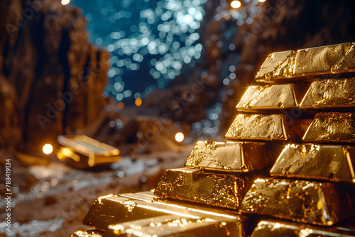 Gold bars are placed in gold mine, the discovery and increasing demand for gold, one of the world's most traded commodities and hedging or safe asset photo