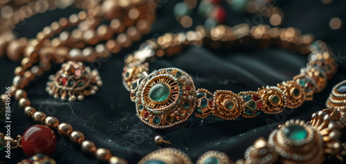 Ancient Thai jewelry set, close-up camera angle, on a black background.