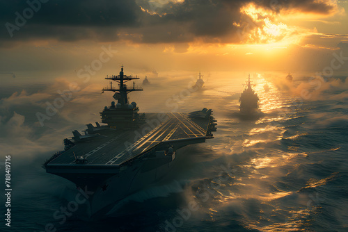 Aircraft carrier and destroyer floating in the middle of the open sea photo