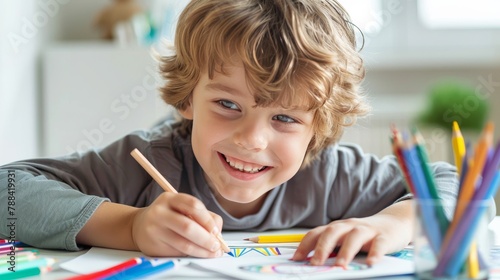 The image shows a boy drawing with colored pencils.