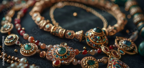 Ancient Thai jewelry set, close-up camera angle, on a black background.