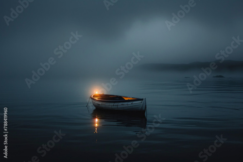 A small boat on a lake with light in the dark