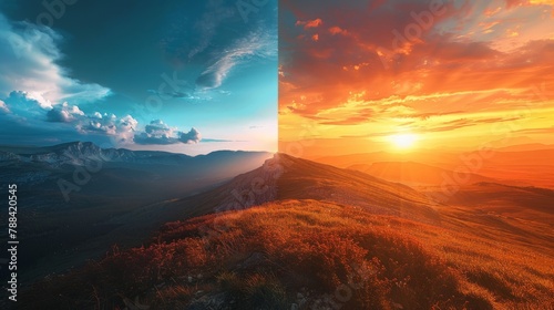 A breathtaking landscape divided into two halves,  with one side filled with the soft colors of sunrise and the other side bathed in the darkness of night