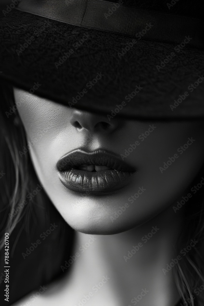 A graceful figure captured in black and white, the contrast highlighting the texture of her black hat and the smoothness of her skin. Her lips are a focal point, their contours perfectly defined A graceful figure captured in black and white, the contrast highlighting the texture of her black hat and the smoothness of her skin. Her lips are a focal point, their contours perfectly defined