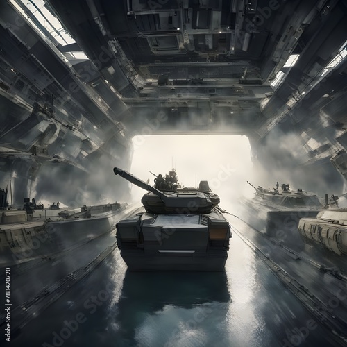 Military tanks and Equipment loading 
 on battleship for transportation photo