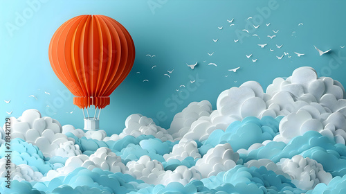 A vibrant paper art design of a hot air balloon, floating amidst clouds cut from white paper on a sky blue background