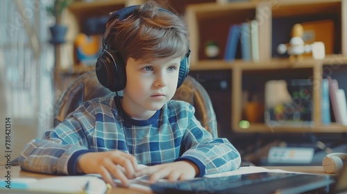 boy wearing headphones looking at laptop screen photo