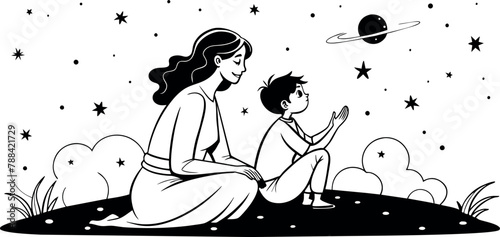 A mother and child stargazing together, rendered in continuous line art