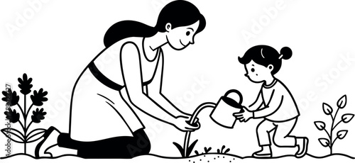 A mother and child gardening together, rendered in continuous line art