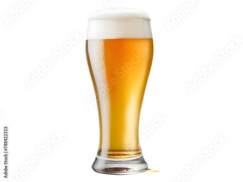 Blonde beer with foam in a long glass on a white background