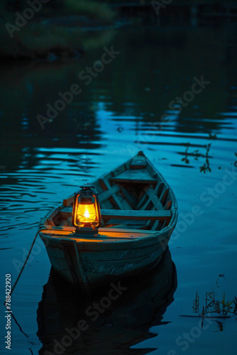 A small boat on a lake with light in the dark © grey