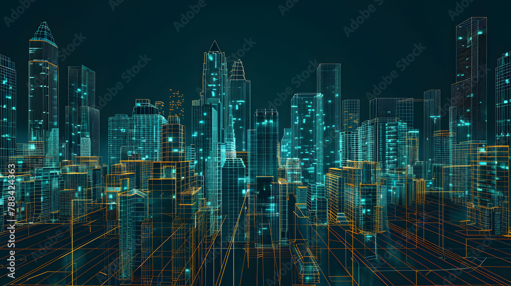 Futuristic Cityscape in Neon Colors: 2D Illustrated Wireframe Mesh of Urban Skyline