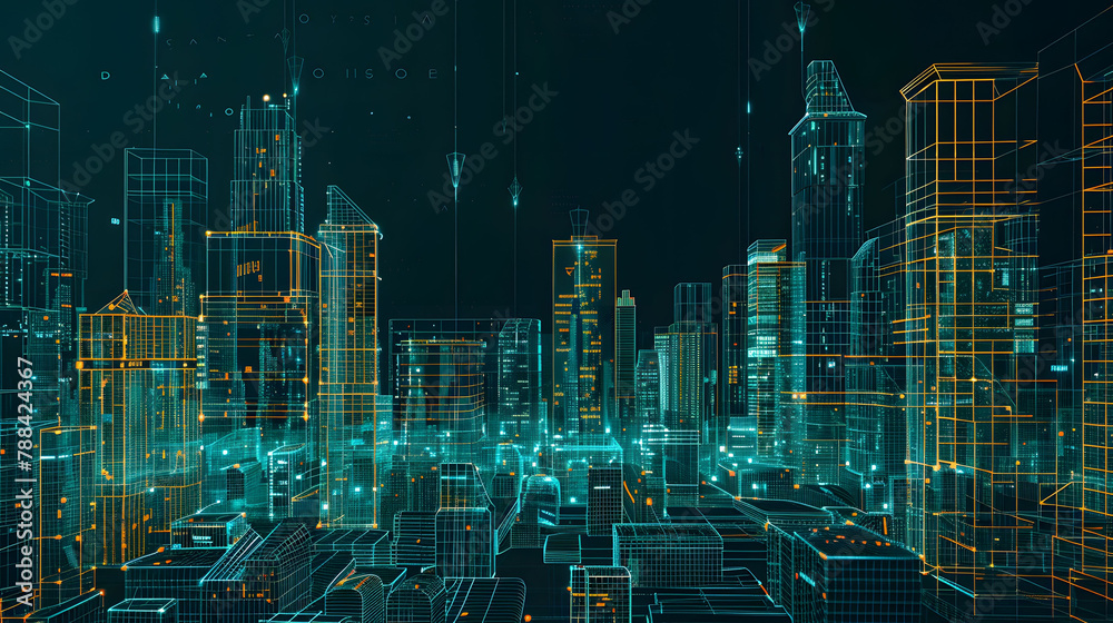 Futuristic Cityscape in Neon Colors: 2D Illustrated Wireframe Mesh of Urban Skyline - obrazy, fototapety, plakaty 