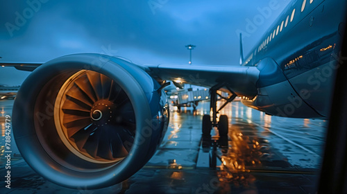 Close up of airplane engine in airport, landing soon. Trip and travel. photo