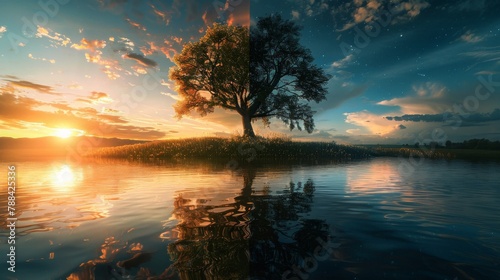 A captivating image divided into two halves, each portraying the unique ambiance of morning and night in the same picturesque setting