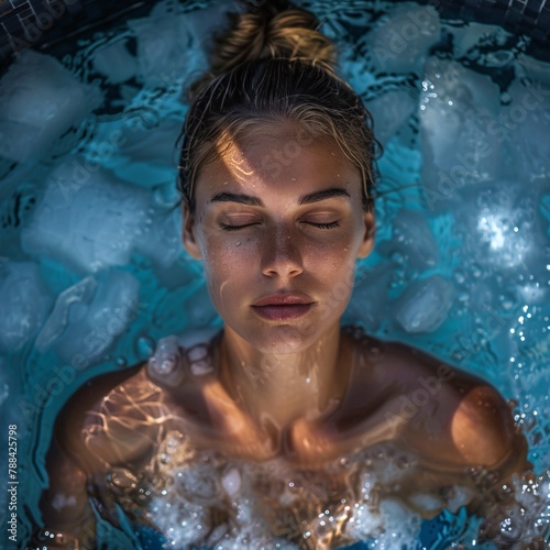 young woman doing cold therapy in pool with ice, meditation and deep breathing, wim hof method
