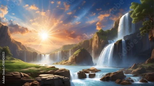Genesis landscape featuring a sun in the sky and a waterfall. 