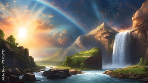 Genesis landscape featuring a sun in the sky and a waterfall. "In the beginning God created the heavens and the earth."