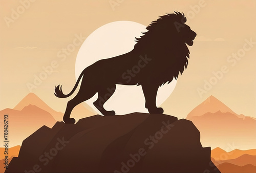 The lion king stands on the rock. simple and flat Vector illustration, silhouette design