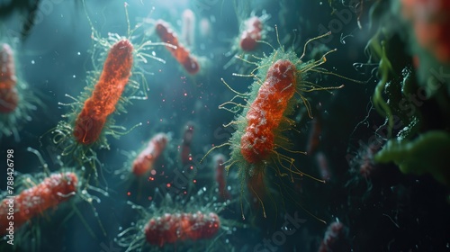 Red bacteria colony on blue background. 3D health concept