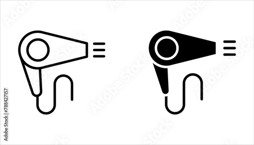 Hair dryer linear icon set. Drying and styling hair. Blow drying on white background photo