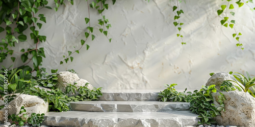 empty podium marble stone with green plants and white rocks background, product display platform scene for cosmetic beauty advertising mock up, therapy, relaxation and health