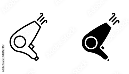 Hair dryer linear icon set. Drying and styling hair. Blow drying on white background