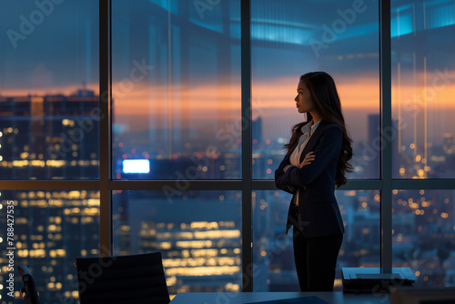 Businesswoman standing in the office with a panoramic window overlooking a cityscape at sunset, looking out of the room