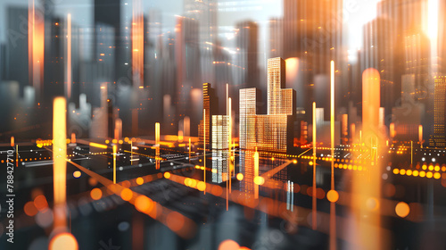 Dynamic 3D Financial District Cityscape with Glowing Lights and Business Growth Charts
