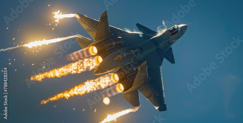 fighter jet, blue sky background, flying in the air and firing missile, with smoke behind it photo