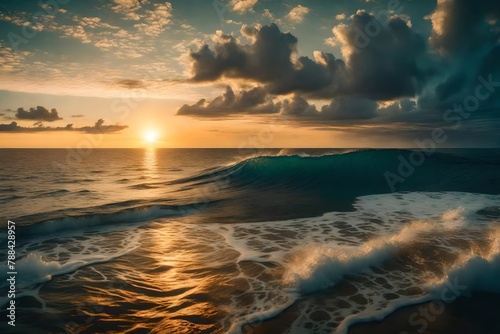 an immersive oceanic scene, showcasing the tranquil vastness of the sea under a golden sunset.
