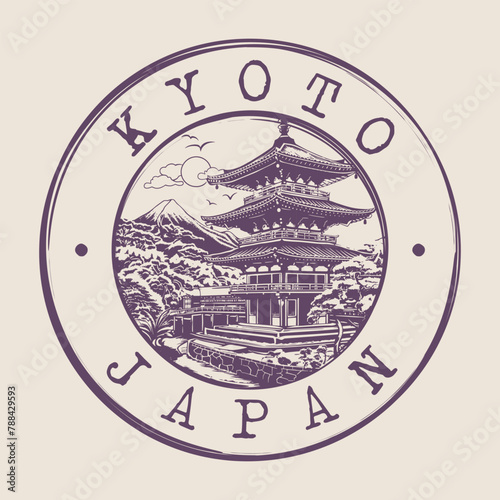 Kyoto, Japan Stamp City Postmark. Silhouette Postal Passport. Round Vector Icon. Vintage Postage Design.	