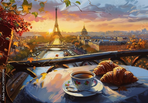 A French breakfast with coffee and a croissant overlooking the Eiffel tower in Paris