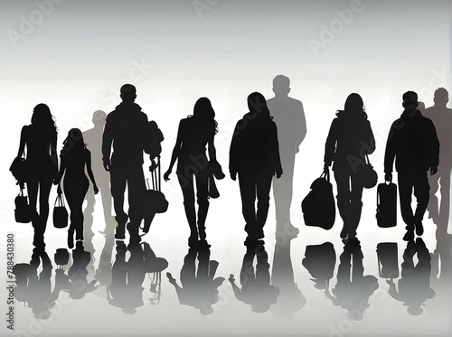 Captures the hustle of travel as a group of silhouetted figures with luggage move across a stark background, suggesting movement and transition photo