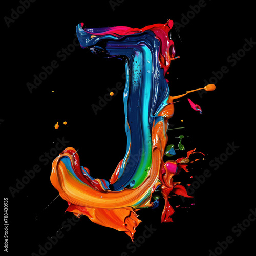 Letter j uppercase. Colorful paint splash on black background