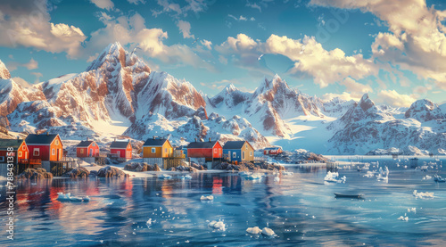 A colorful scene of the Arctic with small houses, snowy mountains and sea in front of it photo