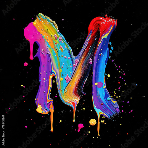Letter M uppercase. Colorful paint splash on black background